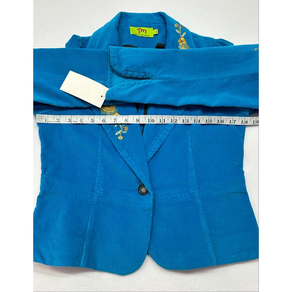 True Meaning Blue Corduroy Floral Embroidered Blazer Jacket Y2K Boho Large - Picture 11 of 12